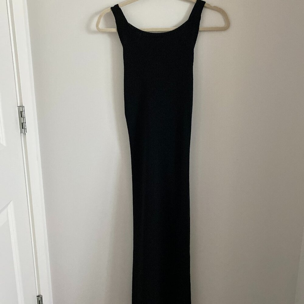 MASSIMO DUTTI ELEGANT MAXI CROSS BACK DRESS KNIT BLACK SHIMMERY WITH SIDE SLIT